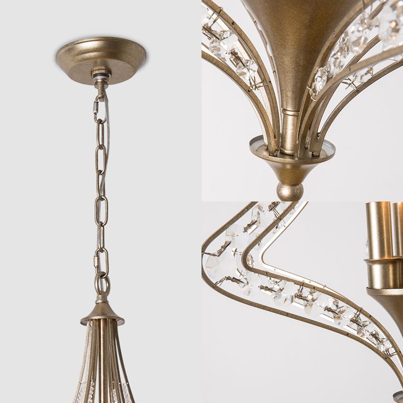 4 Bulbs Tapered Ceiling Chandelier Rustic Crystal Suspended Lighting Fixture in Brass