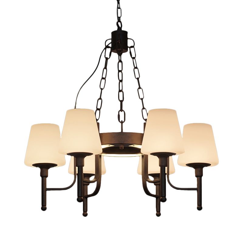 Traditionele taps toelopende kroonluchter hanglamp 6 hoofden helder/crème glashangende lamp in roest voor restaurant