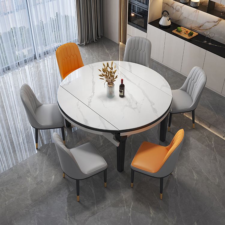 Drop-Leaf Dining Table Round White Dinner Table with Wooden Base