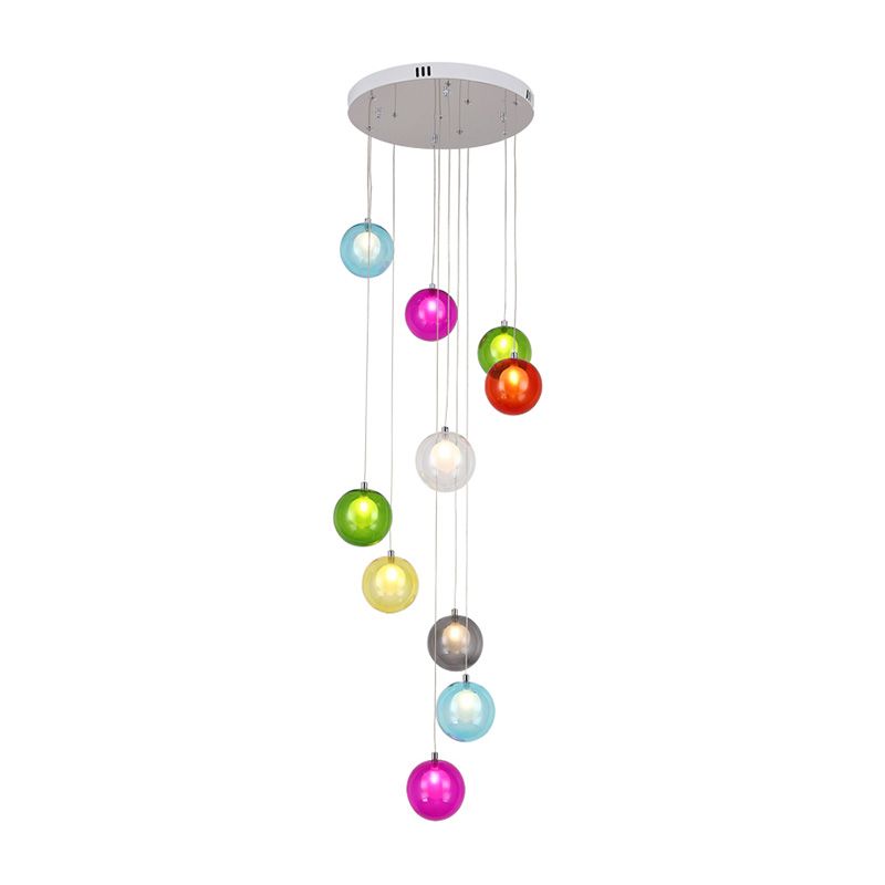 10 Lights Globe Cluster Pendant Modern White/Pink Glass LED Hanging Ceiling Light for Stair