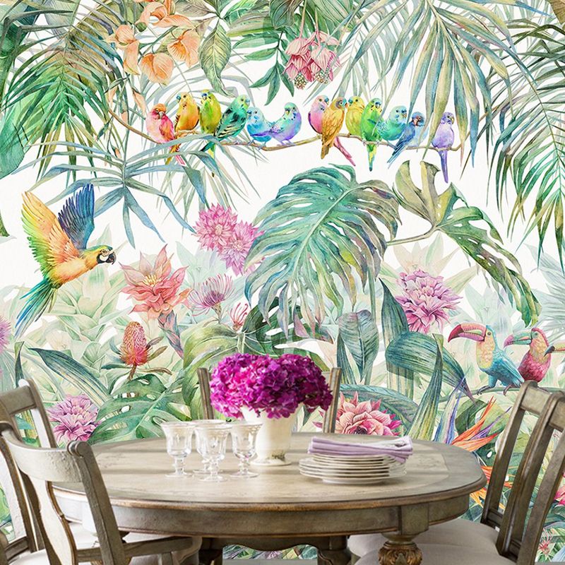 Whole Nordic Wall Art Soft Green Parrot and Jungle Mural, Customized Size Available
