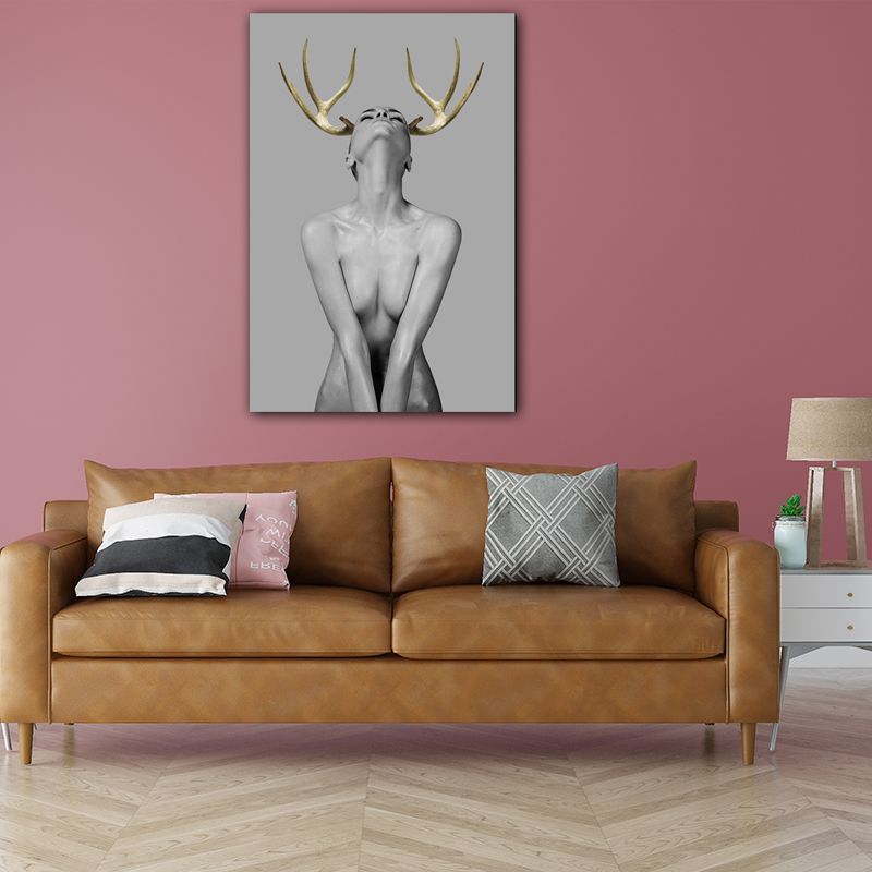 Woman with Antler Wall Art Textured Modern Style Dining Room Canvas Print in Gold