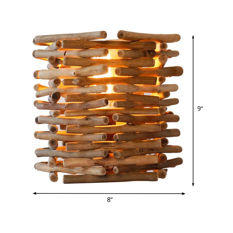 Lampada da scrivania piccola cilindrica in legno Asia con 1 lampadina, illuminazione da lavoro marrone per camera da letto, larghezza 8"/10".