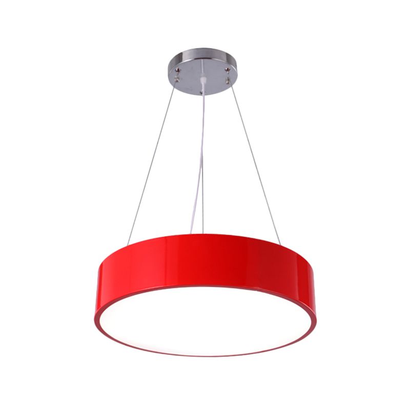 Macaron Drum Shaped Pendant Light Metal Nursery School LED Hanging Light Fixture in Red/Yellow/Green, 16"/19.5" Dia