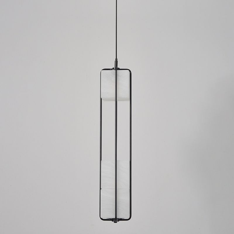 Frosted White Glass Box Pendant Lamp Modern 2-Light Black Island Lighting with Cage