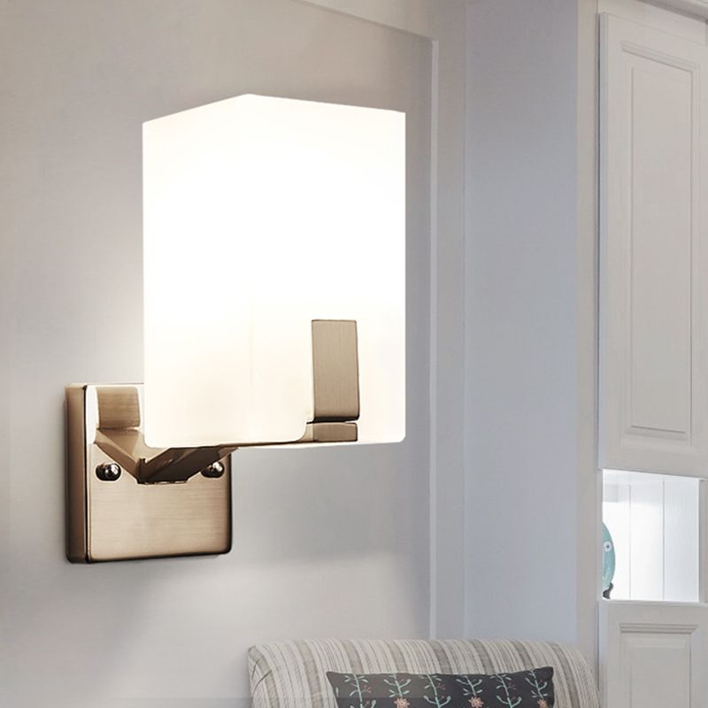 White Frosted Glass Cuboid Wall Light Sconce Modernism 1 Light Wall Mounted Lamp in Nickel