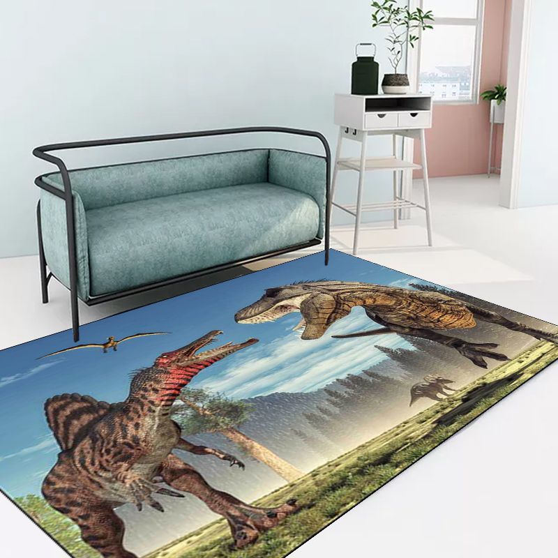 Modern Dinosaur Pattern Rug Brown and Blue Polyester Rug Machine Washable Non-Slip Area Rug for Bedroom