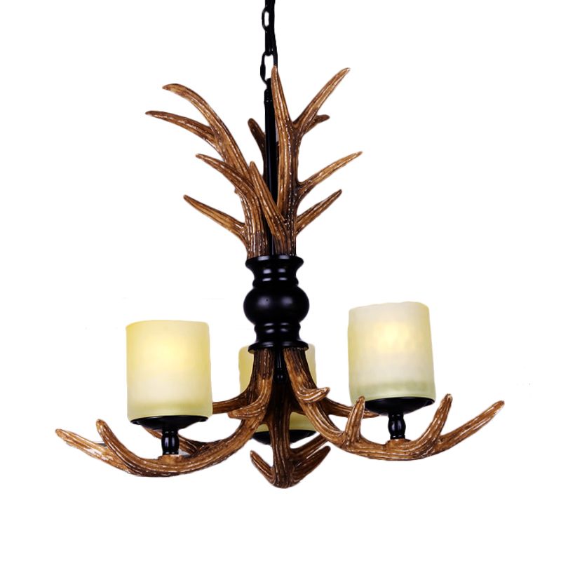 3 bulbes Résine Chandelier Éclairage traditionnel Brown Deer Antler salon suspendu avec une teinte cylindrique en verre givré blanc