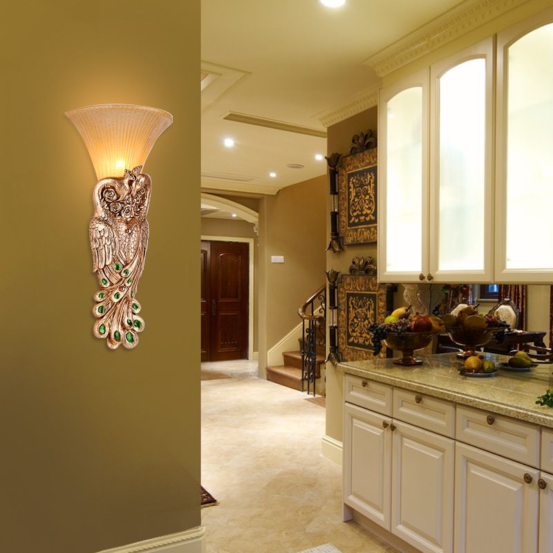 Single Head Wall Sconce Countryside Inverted Cone Amber Fluted Glass Wall Mounted Lamp with Peacock Decor in Gold