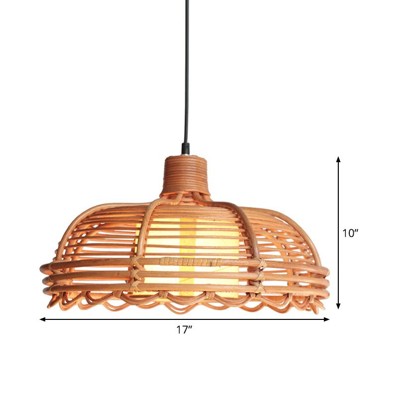 Shallow Bowl Bamboo Braided Drop Lamp Chinese Style 1 Head Beige Ceiling Pendant with Cylinder Shade Inside