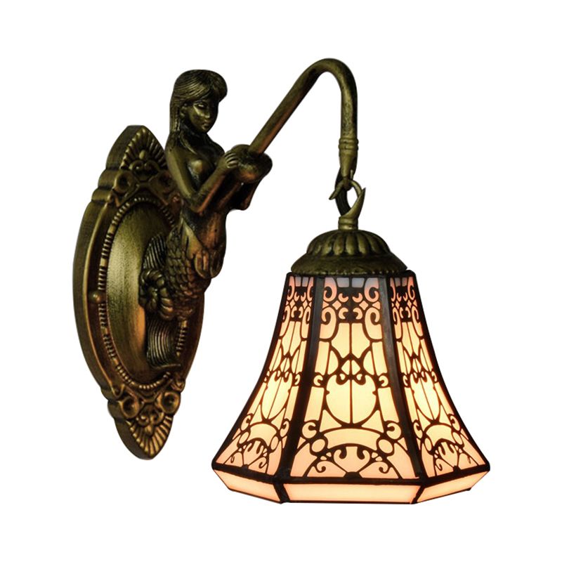 Antique Bronze 1 Head Wall Mounted Light Tiffany White Glass Flared Sconce Lighting