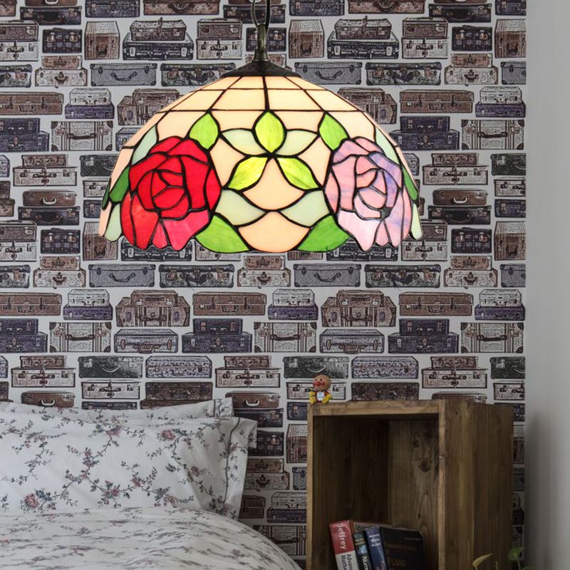 1 Head Bowl Pendant Lamp Baroque Black Stained Glass Suspended Light Fixture with Red/Pink Rose Pattern