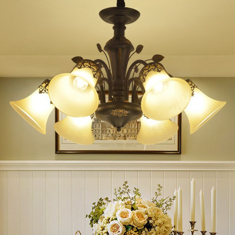Flared Shade Beige Glass Chandelier Light Classic Living Room Pendant Ceiling Light in Black