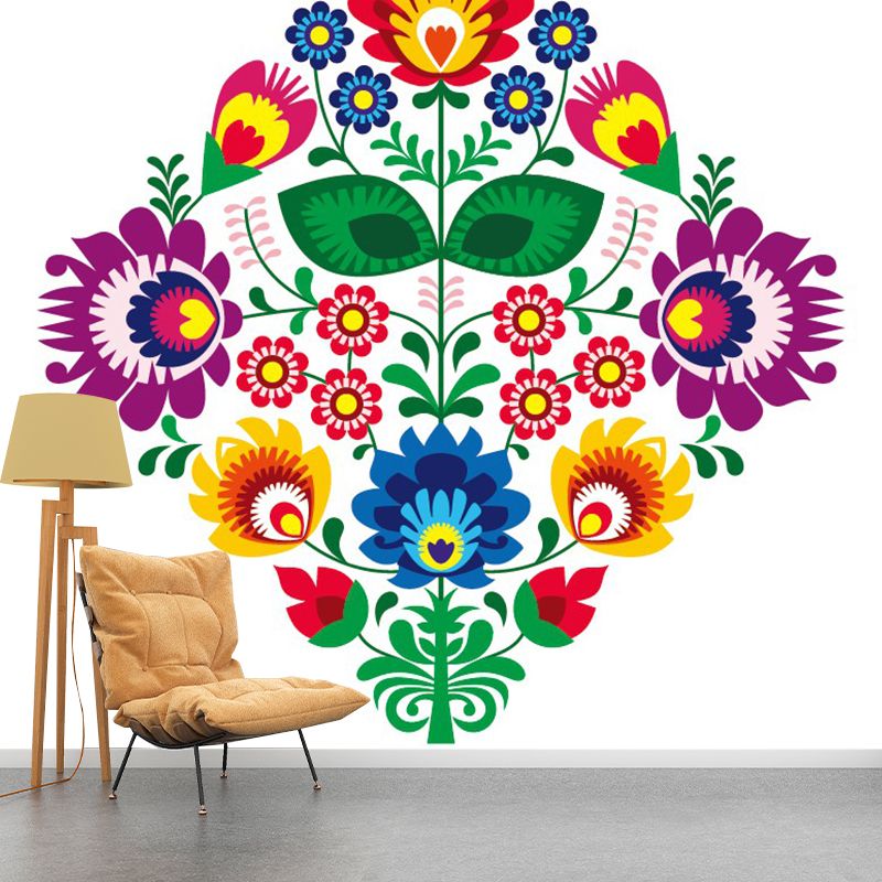 Boho Symmetric Flower Wall Murals for Home Decoration Custom Wall Art in Red-Yellow-Blue-Green