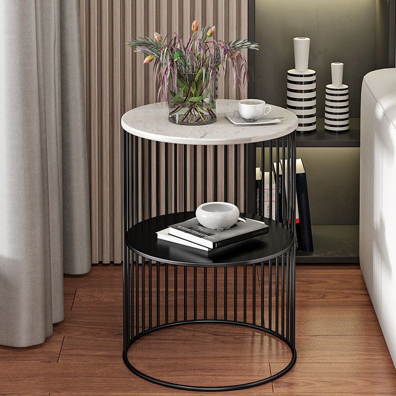 1 Drum Round End Table Mid-Century Double Tier Side End Table
