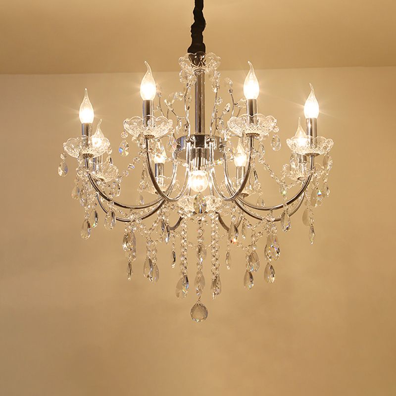 Iluminación de araña de vela de vela de cristal minimalista 9 bulbos de la sala de estar accesorio de lámpara colgante en cromo