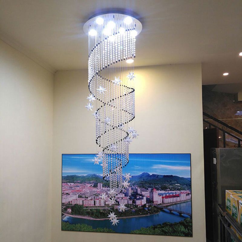 Iluminación colgante de cristal espiral lujosa luz de techo de led cromo moderno para escaleras