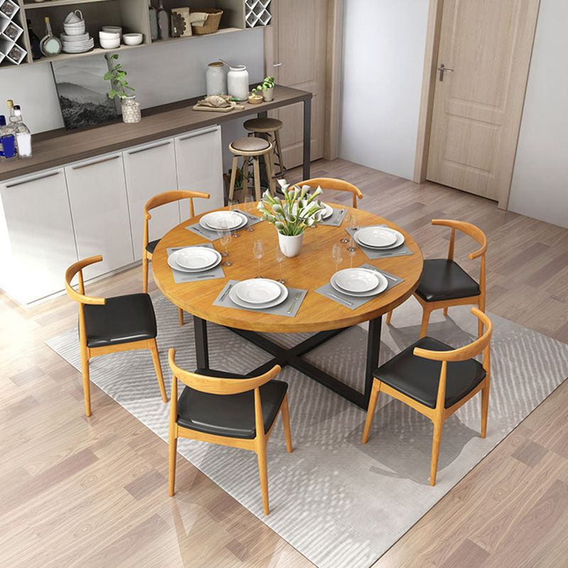 Modern Round Dining Table for Home Brown Solid Wood Table with Metal Base