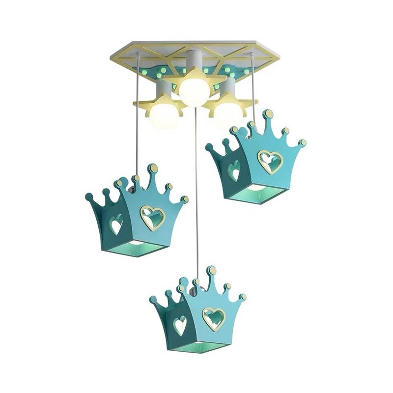 Wooden Crown Shade Hanging Lamp Cartoon Style 6 Lights Blue/Pink Pendant Ceiling Light with Triangle Canopy