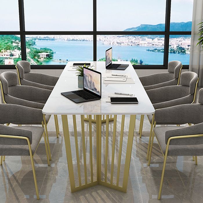 Rectangle Double Pedestal Luxury Dining Table White Fixed Table of Sintered Stone