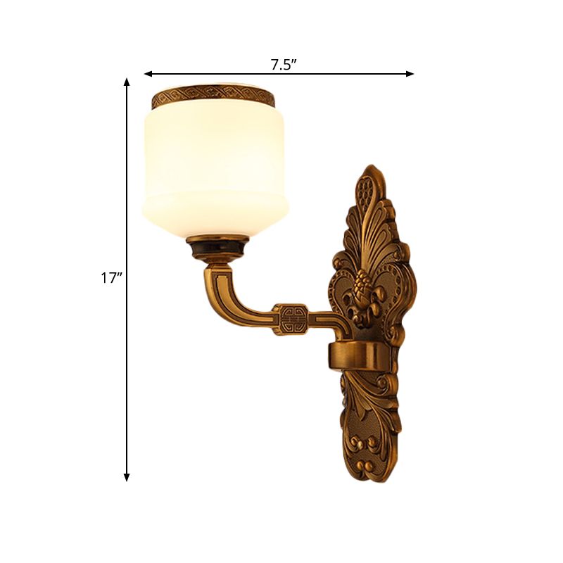 1/2-Light Wall Mount Lighting Vintage Style Drum Shade White Glass Wall Sconce Lamp in Brass
