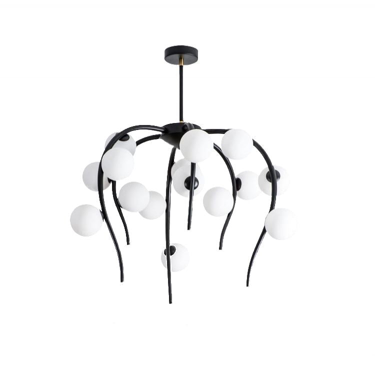 Branch Dining Room Chandelier Iron 15/20-Light Modern Hanging Lamp in Black/Gold with Matte White Balls