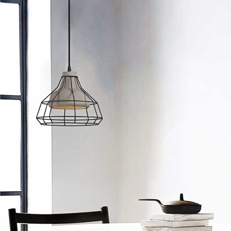 Luz de suspensión de cono de cemento Modernista 1 Lámpara de colgante colgante negro ligero con sombra de jaula de alambre, 10.5 "/14" de ancho