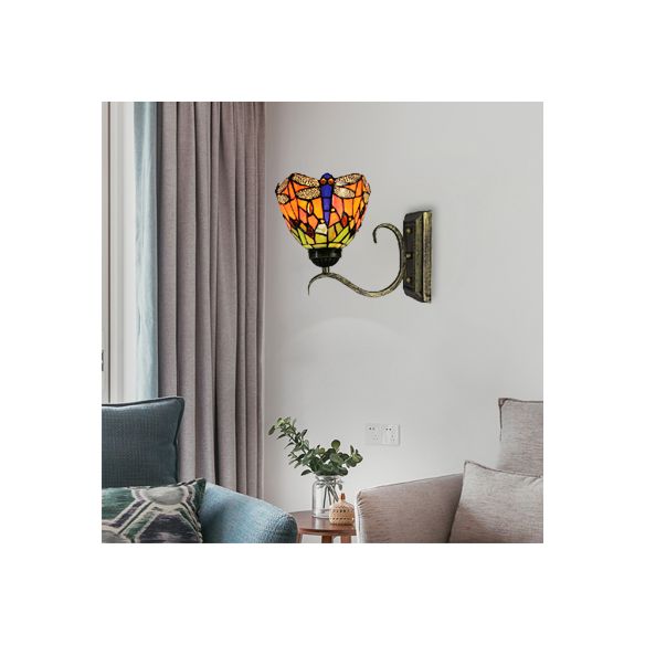 1 Light Dragonfly Wall Light Rustic Tiffany Stained Glass Wall Sconce in Orange for Library