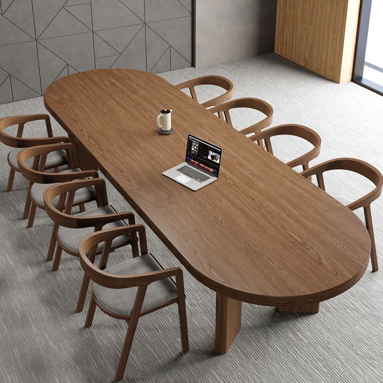 Solid Wood Top Dining Table Modern Oval Table with 4 Legs in Brown
