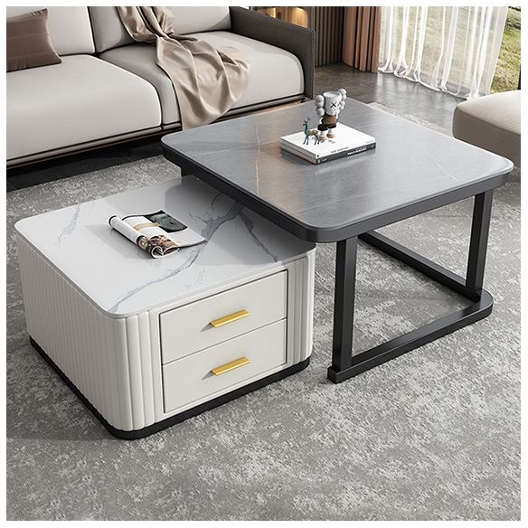 Modern Square Stone Coffee Table with Drawers 2 Nesting Cocktail Table Set