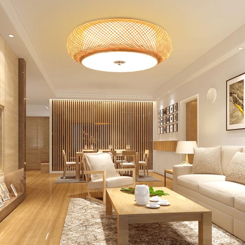 Asian Bamboo Flush Mount Lighting Rounded Drum Ceiling Lamp for Living Room
