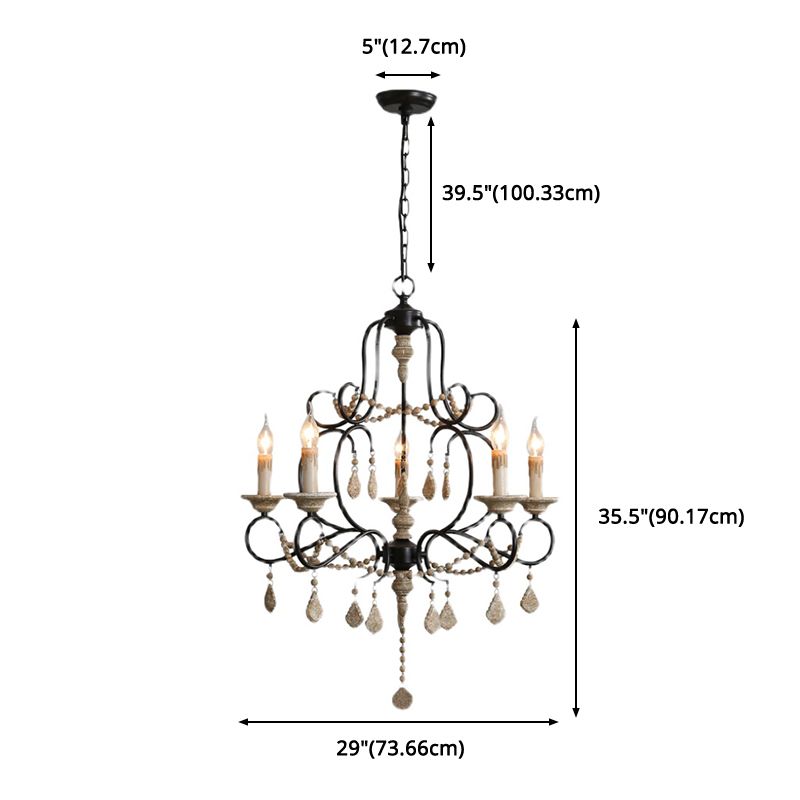 5 Bulbs Candle Hanging Lamp Countryside Distressed White Iron Chandelier Lighting with Wood Beads