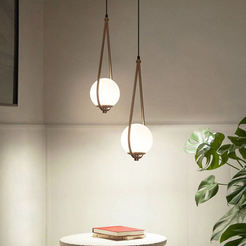 Metal Teardrop Hanging Ceiling Light Minimalism 1 Bulb Brass Finish Drop Pendant with Ball Cream Glass Shade