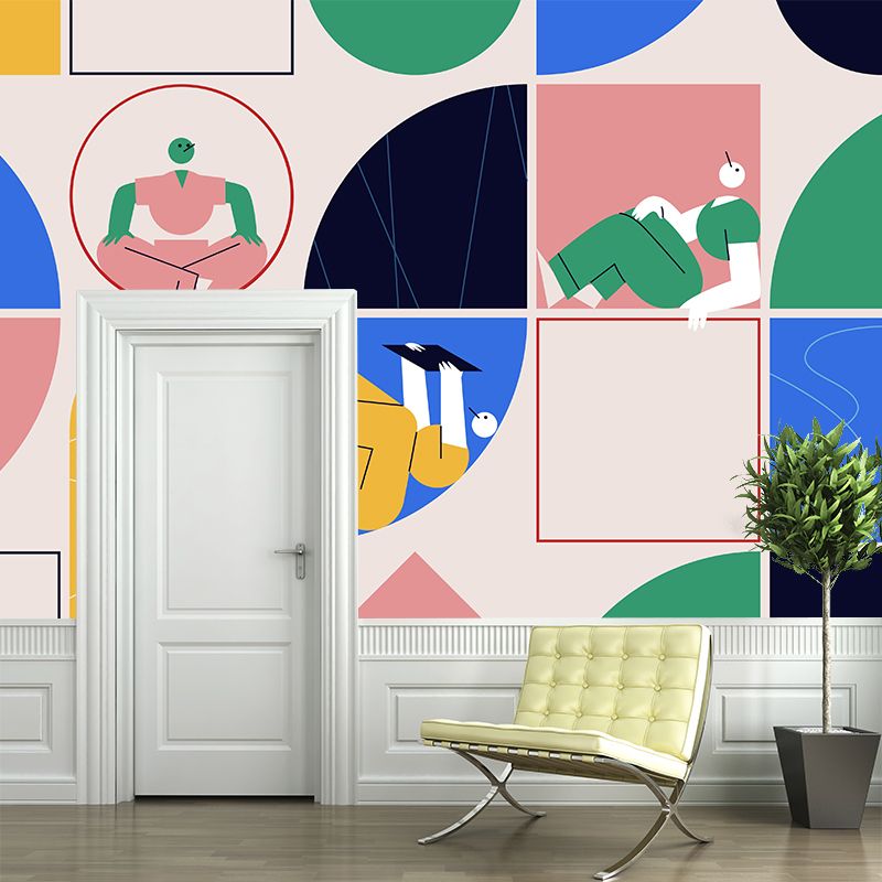 Illustration Man of Leisure Mural for Bedroom, Pink-Blue-Yellow, Custom Size Available