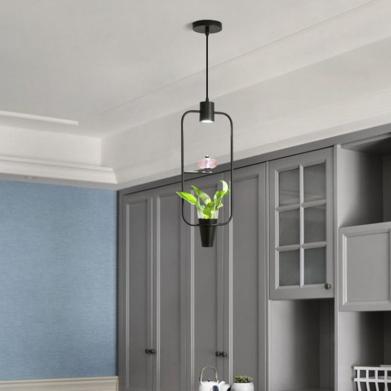 Metal LED Pendulum Light Loft Black/Gold Circle/Oval/Rectangle Dining Room Pendant Lamp with Plant Container