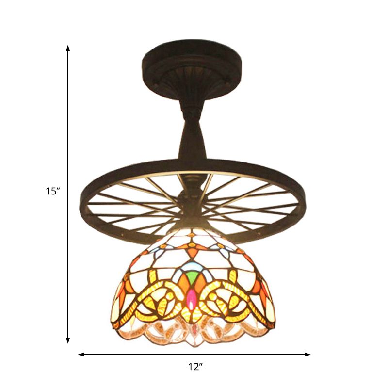 Tiffany Domed Semi Flush Mount Light with Wheel 1 Bulb Stained Glass Ceiling Light in Orange/Beige for Bedroom