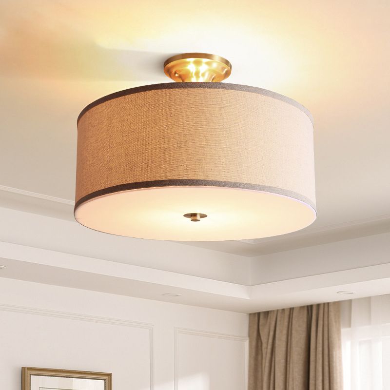 Drum Living Room Semi Flush Light Classic Fabric 4 Lights White Ceiling Lighting, 16"/19.5" Wide