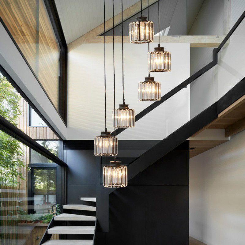 Postmoderne zylindrische Anhängerlampe Prismatische Kristalltreppe Multi -Licht -Kronleuchter
