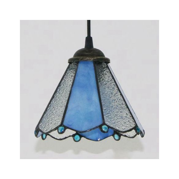 Tiffany Conical Hanging Light 1 Bulb Blue/Clear/Blue-Clear Cut Glass Ceiling Suspension Lamp for Dining Room