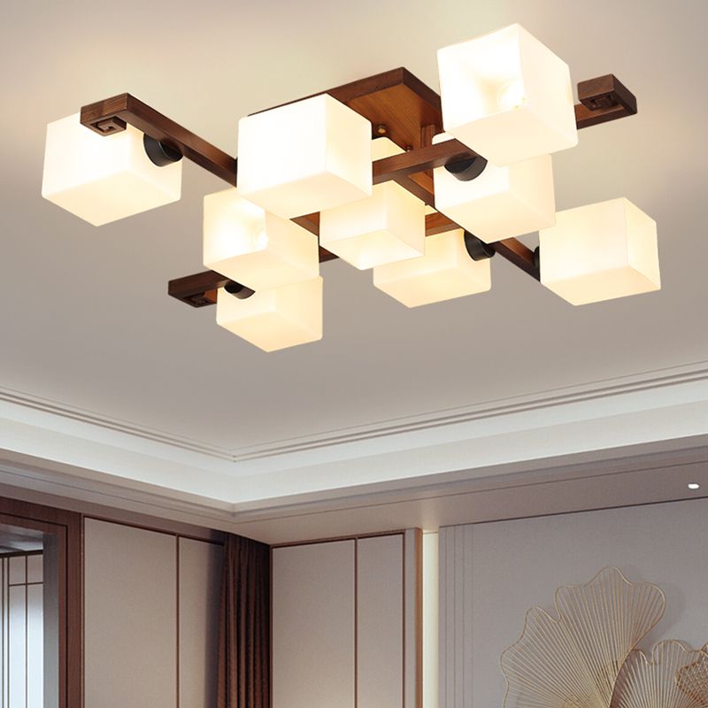 Brown Modern Wood Flush Mount Geometric Shape Ceiling Lamp with Acrylic Shade for Bedroom