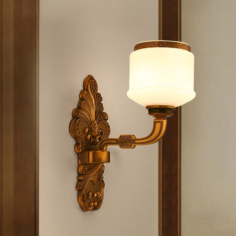 1/2-Light Wall Mount Lighting Vintage Style Drum Shade White Glass Wall Sconce Lamp in Brass