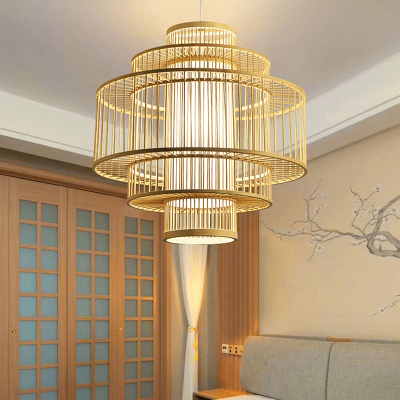Lámpara colgante de cilindro chino comedor beige rattan colgante de techo de techo con 1 luz