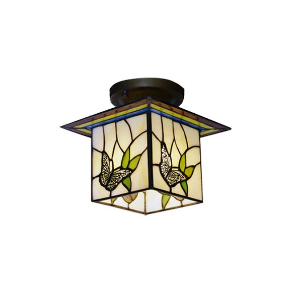 1 Light Butterfly Flush Light Mission Lodge Stained Glass Flush Mount Light for Corridor