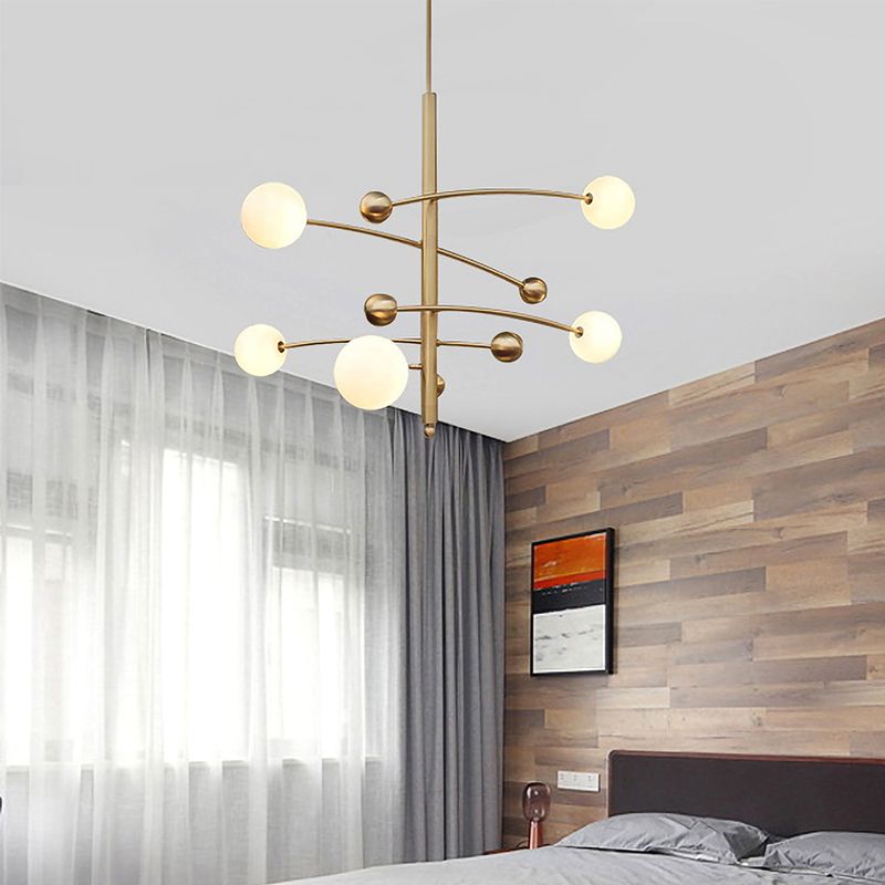 5 Bulbs Bedroom Chandelier Light Modern Gold Suspended Lighting Fixture with Ball Milk Glass Shade
