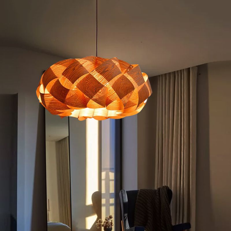Asian Drum Shade Hanging Pendant Stranded-Weaving Wood Single Hotel Ceiling Light Fixture in Beige