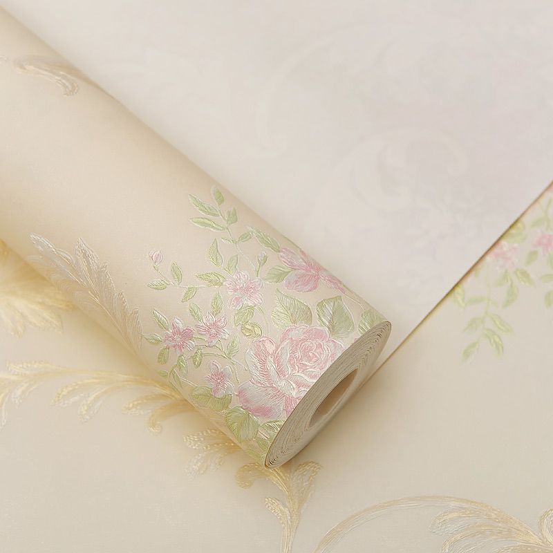 Pink Peony Wallpaper Roll Moisture Resistant Country Living Room Wall Art on Beige