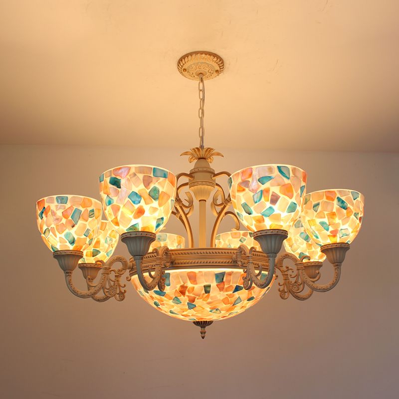 Tiffany Mosaic Pendant Chandelier 9/11 Lights Shell Hanging Ceiling Light in Beige for Living Room, Up/Down