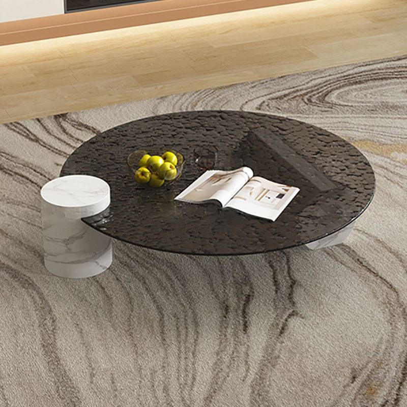 9"H Single Round Black Marble Coffee Cocktail Table with Glass Top