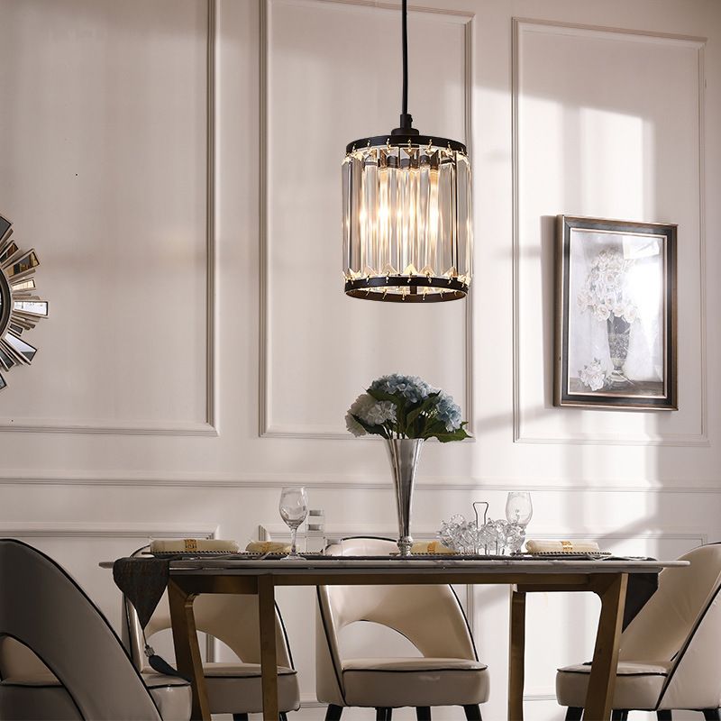 Cylinder Dining Room Pendant Lamp with K9 Crystal 1 Bulb Modernism Hanging Ceiling Light in Black