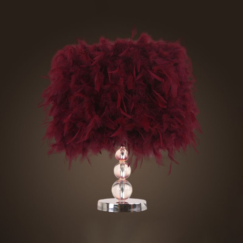 Minimalist Cylinder Night Light Feather 1 Head Bedroom Table Lamp in Red/Pink/Purple with Bubble Crystal Pedestal